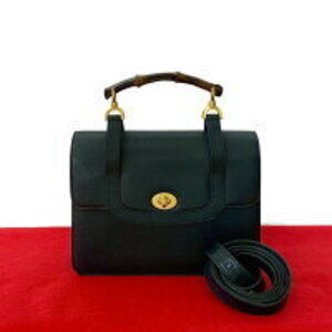 GUCCI bamboo turnlock leather handbag shoulder bag Navy Blue